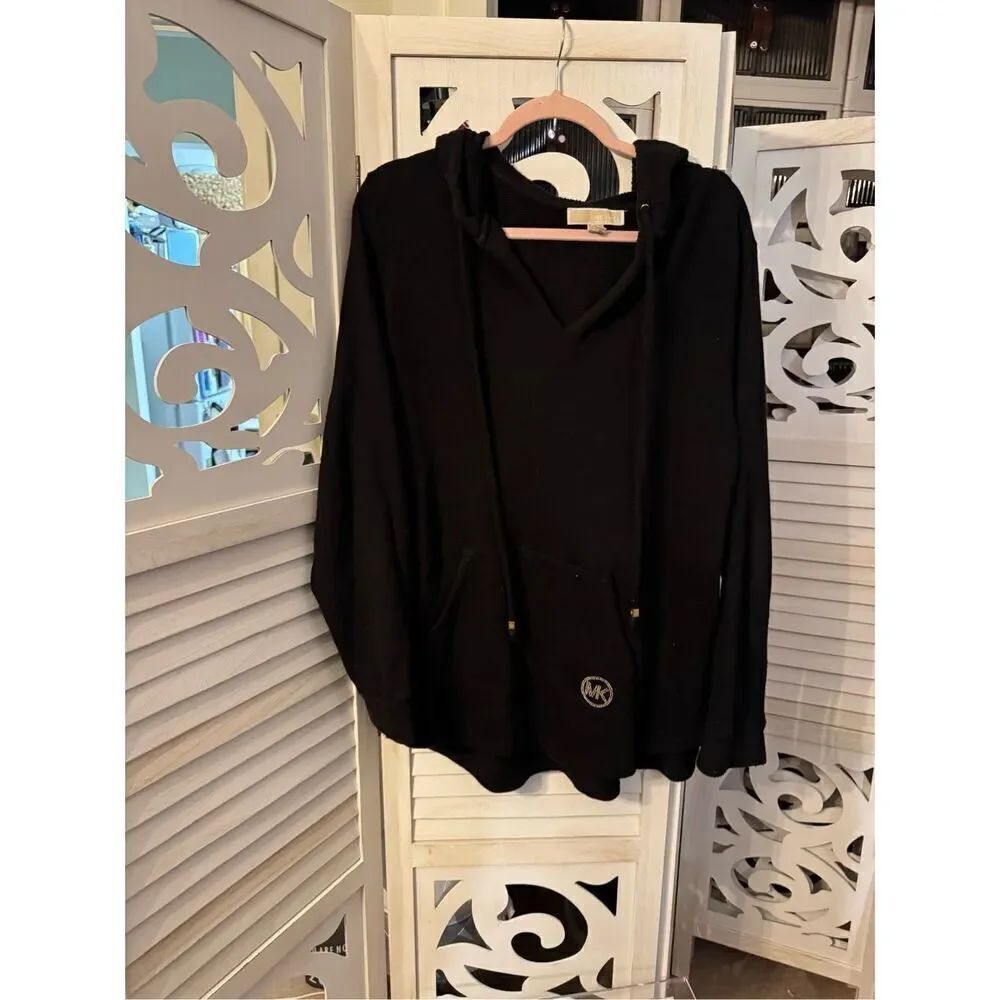 Mk Michael Kors black waffle knit sweater hooded plus 1x rhinestone bling